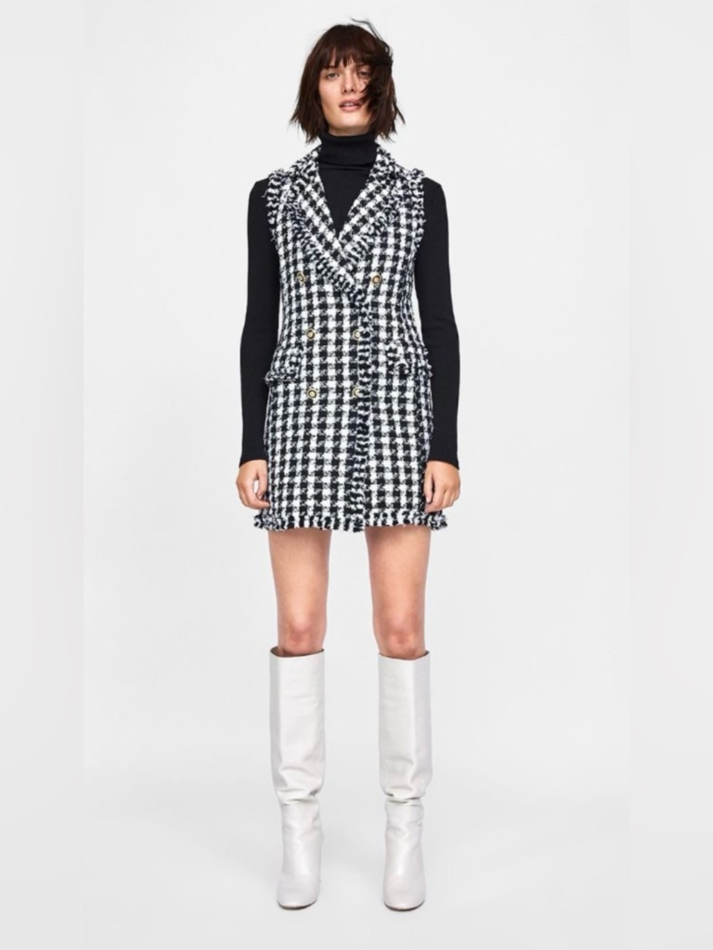 Zara New With Tags Houndstooth Tweed Dress Vest Gold Tone Buttons Retail $99